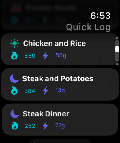 Quick Log templates on Apple Watch