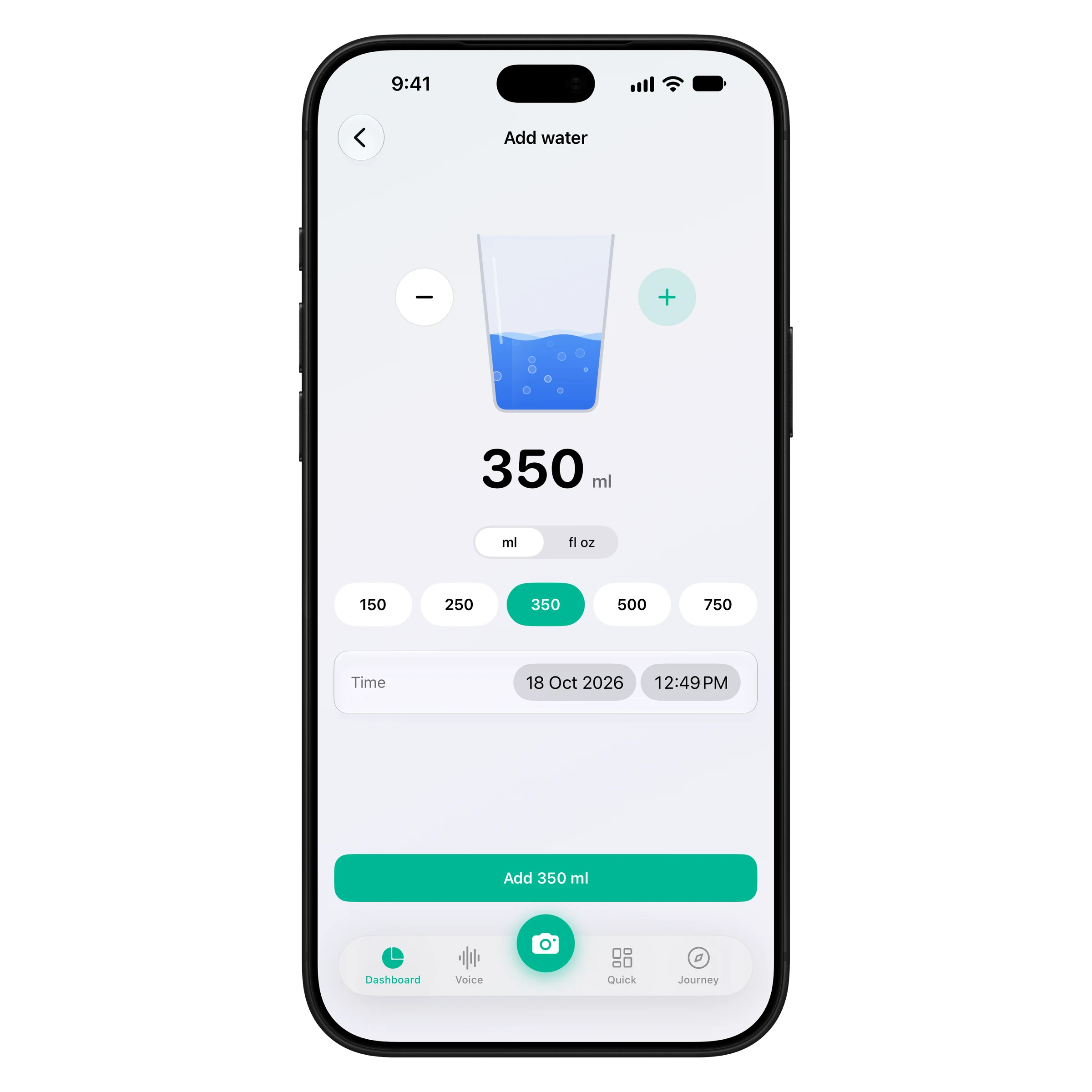 Add water screen in ProteinLog with a glass filling to 350 ml