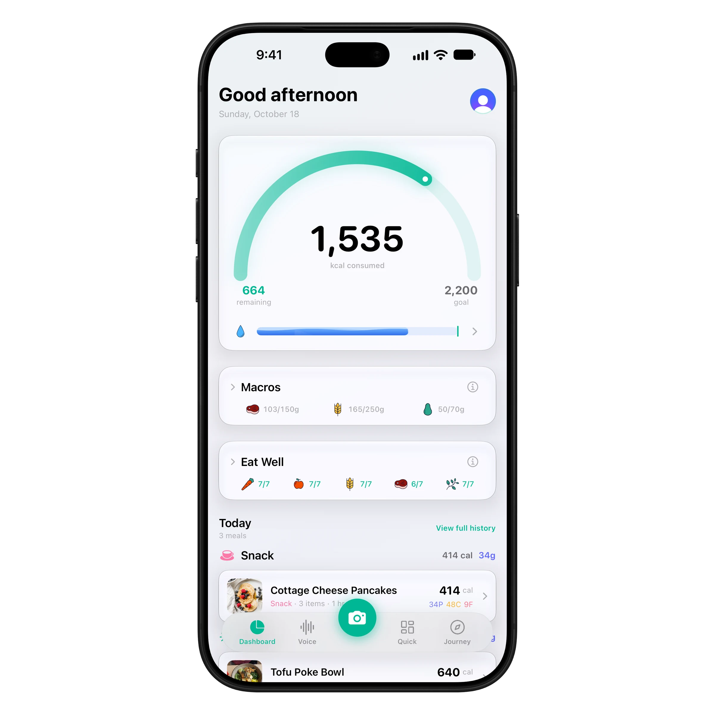 ProteinLog dashboard with the calorie gauge and the water bar
