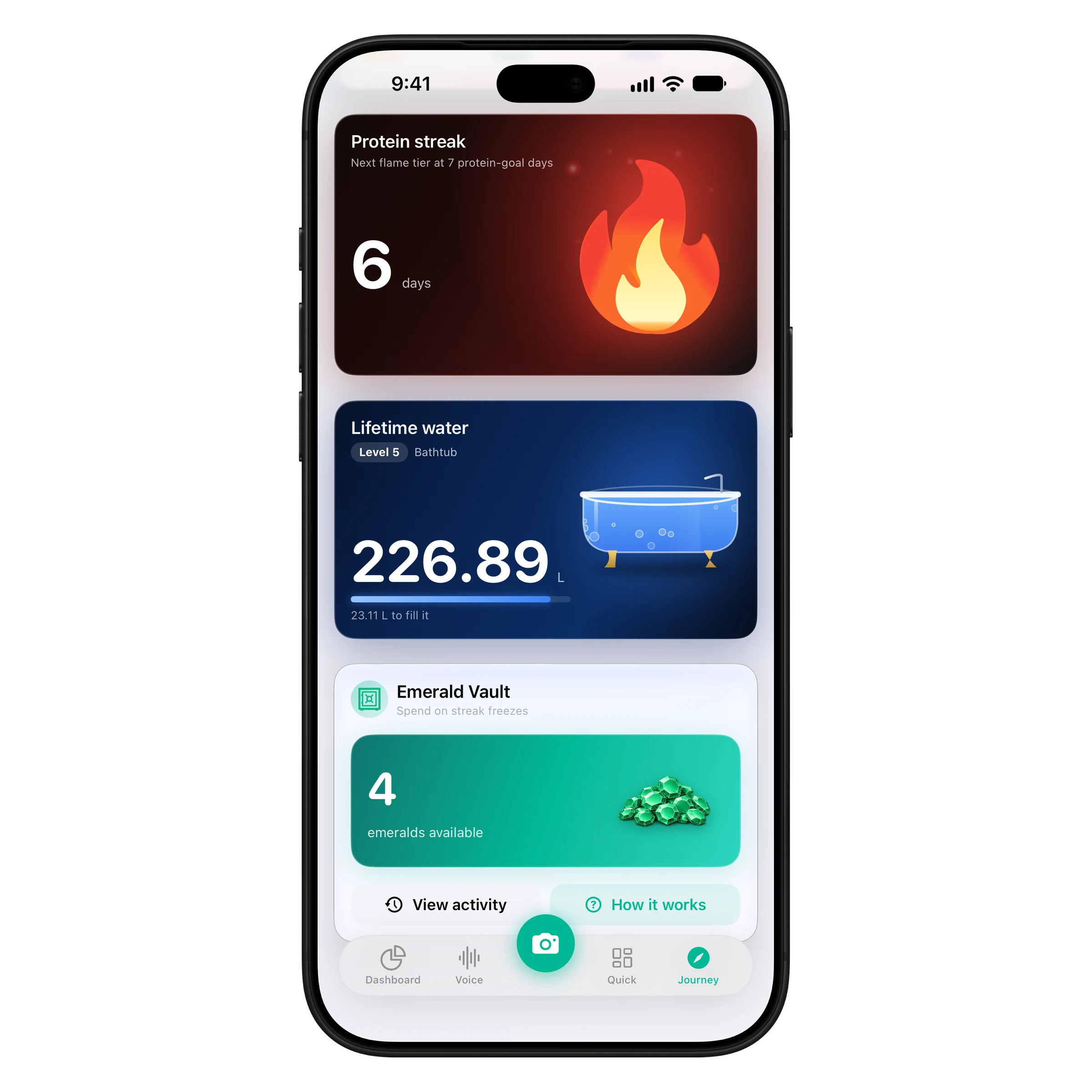 Lifetime water card on the ProteinLog Journey tab at level 5, Bathtub