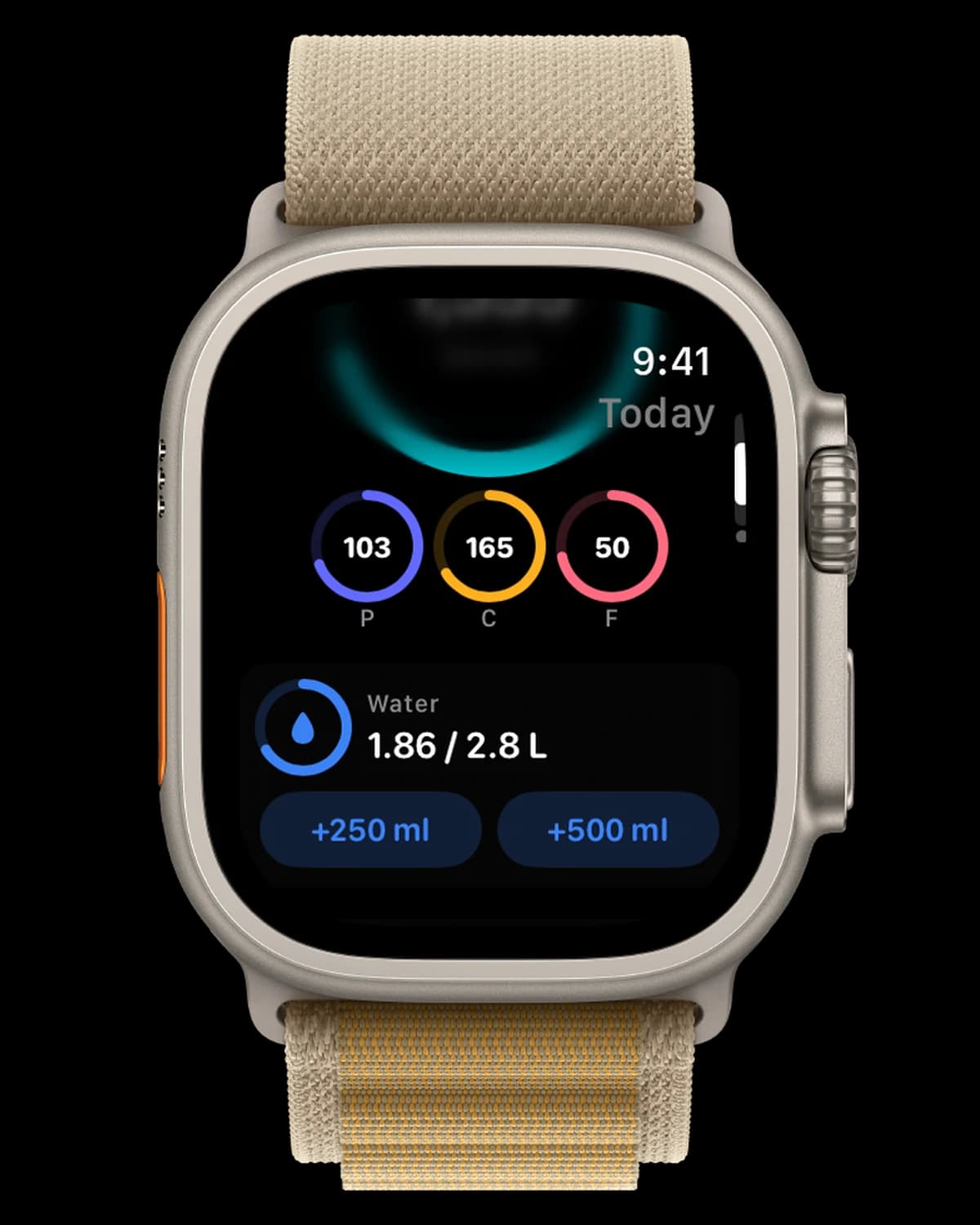 ProteinLog Apple Watch water card with +250 ml and +500 ml buttons