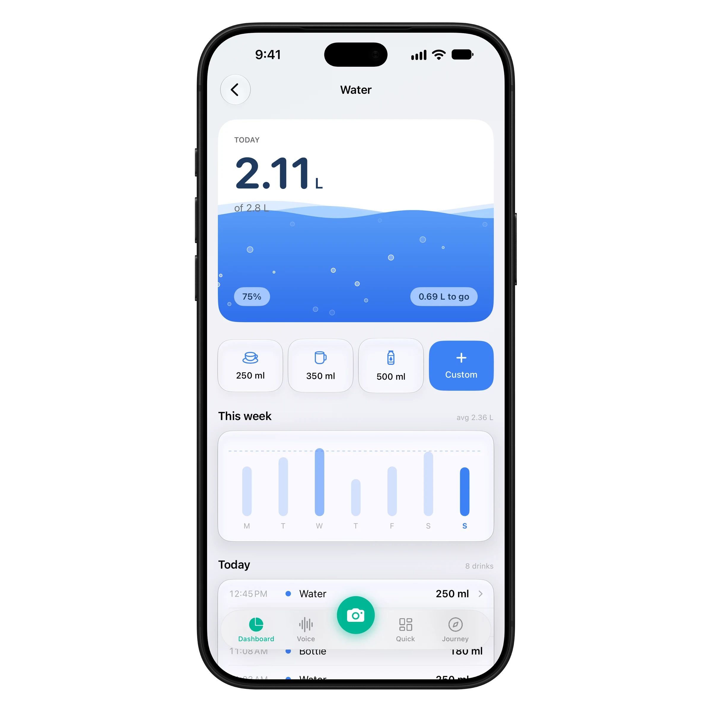 ProteinLog Water screen showing 2.11 L of a 2.8 L daily goal