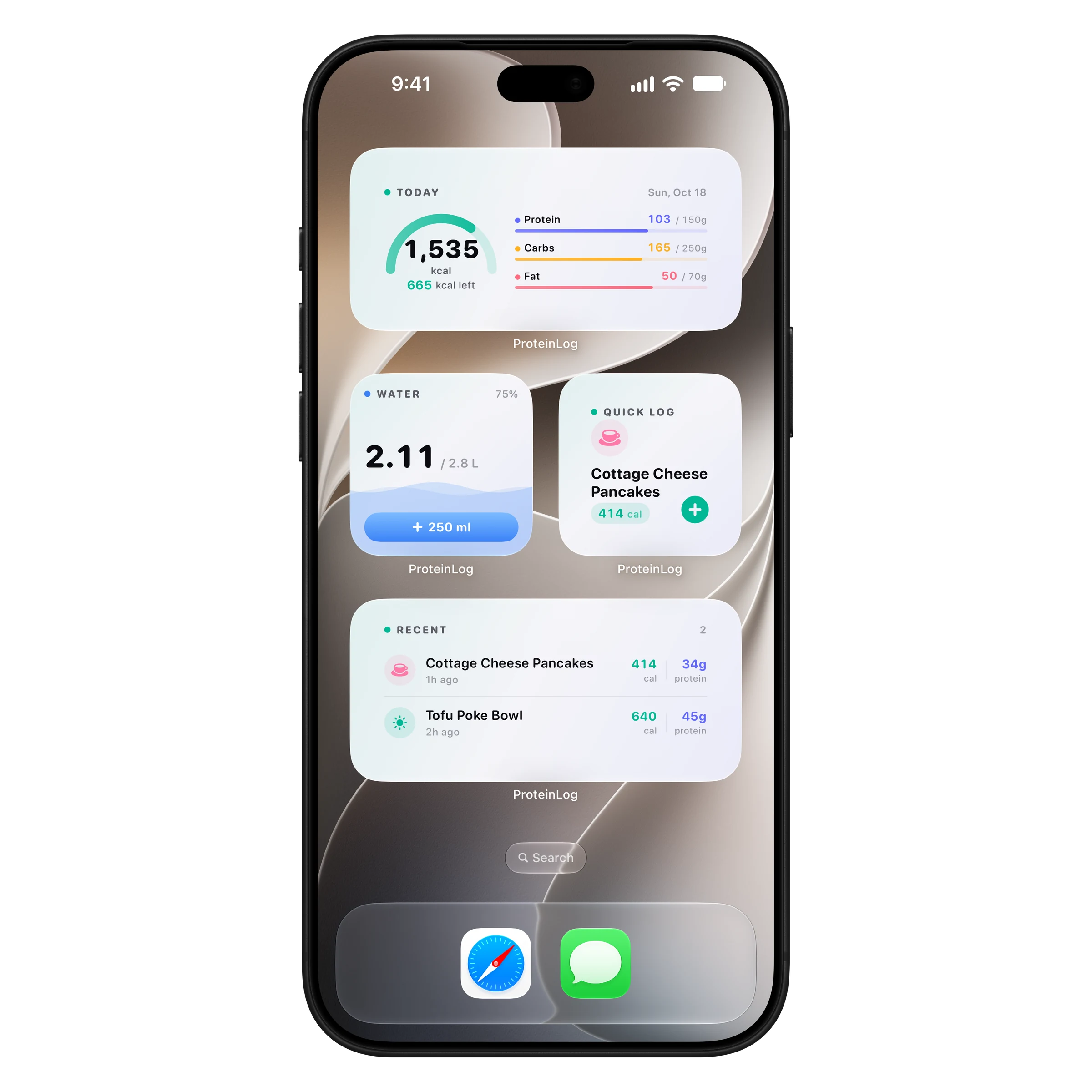ProteinLog home screen widgets showing calories, macros and water